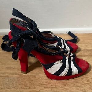 vintage red, white & black striped nautical heels with ankle tie detail